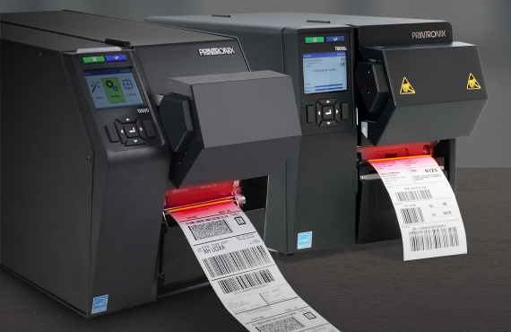 compliance-labeling-maverick-printing Two thermal printers printing barcode labels.