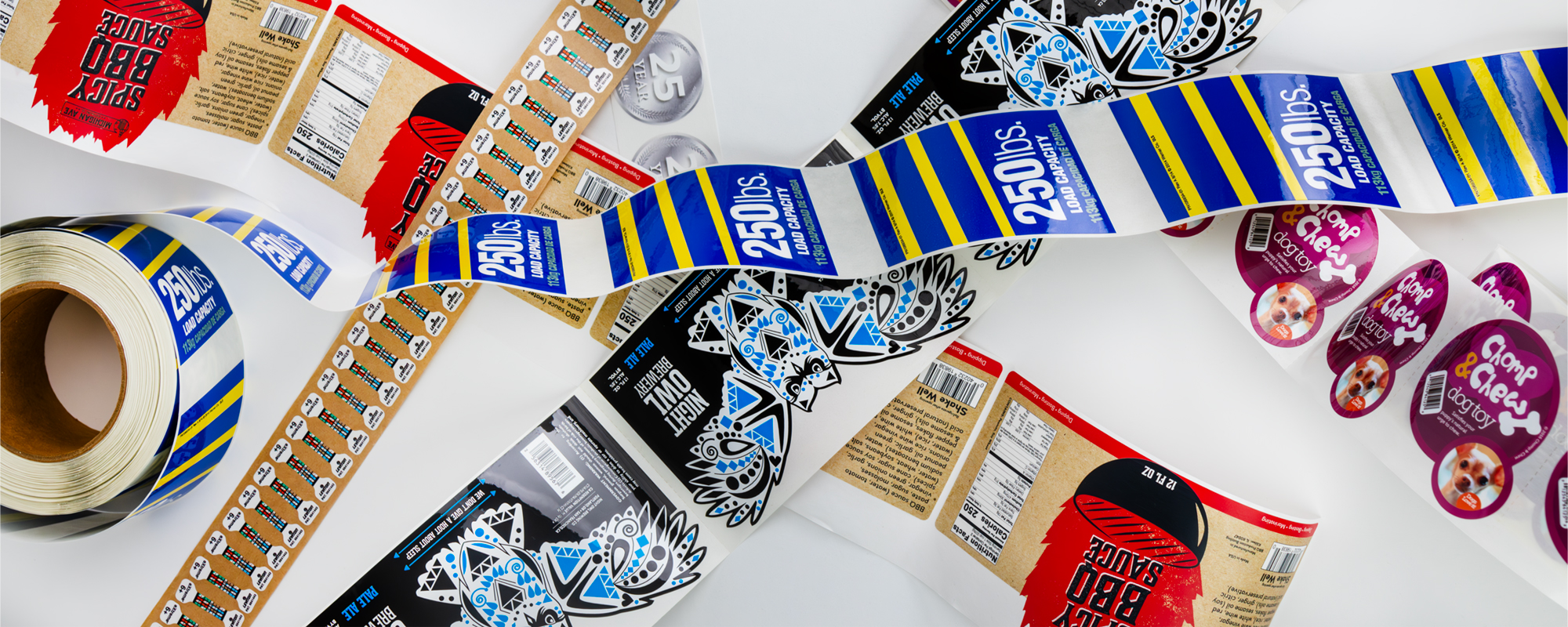 group of colorful, custom printed labels showing the capabilities of Maverick Printing in Reno.