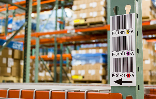 Barcode rack labels in a warehouse.