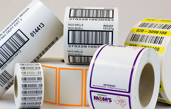 label-products-thermal-solutions-custom-thermal-transfer-labels-barcodes-maverick-printing Group of pre-printed and branded thermal labels showing the capabilities of maverick printing in reno.