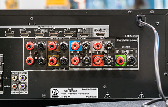 label-products-ul-cul-labels-speakers-hdmi-cables-input-maverick-printing UL Approved label on the back of a mixing board with audio and video inputs.