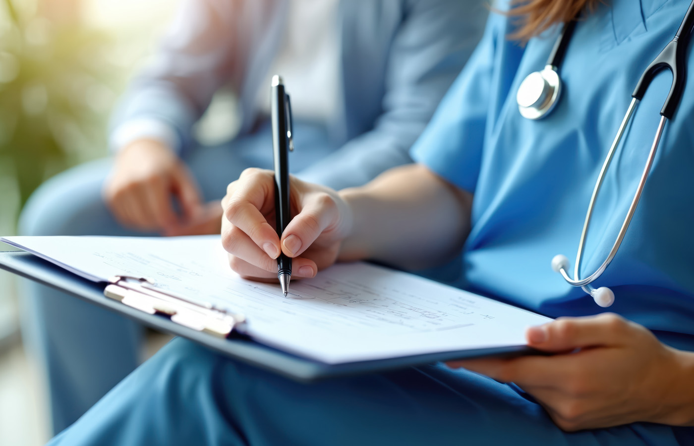 Medical professional filling out form for patient care.