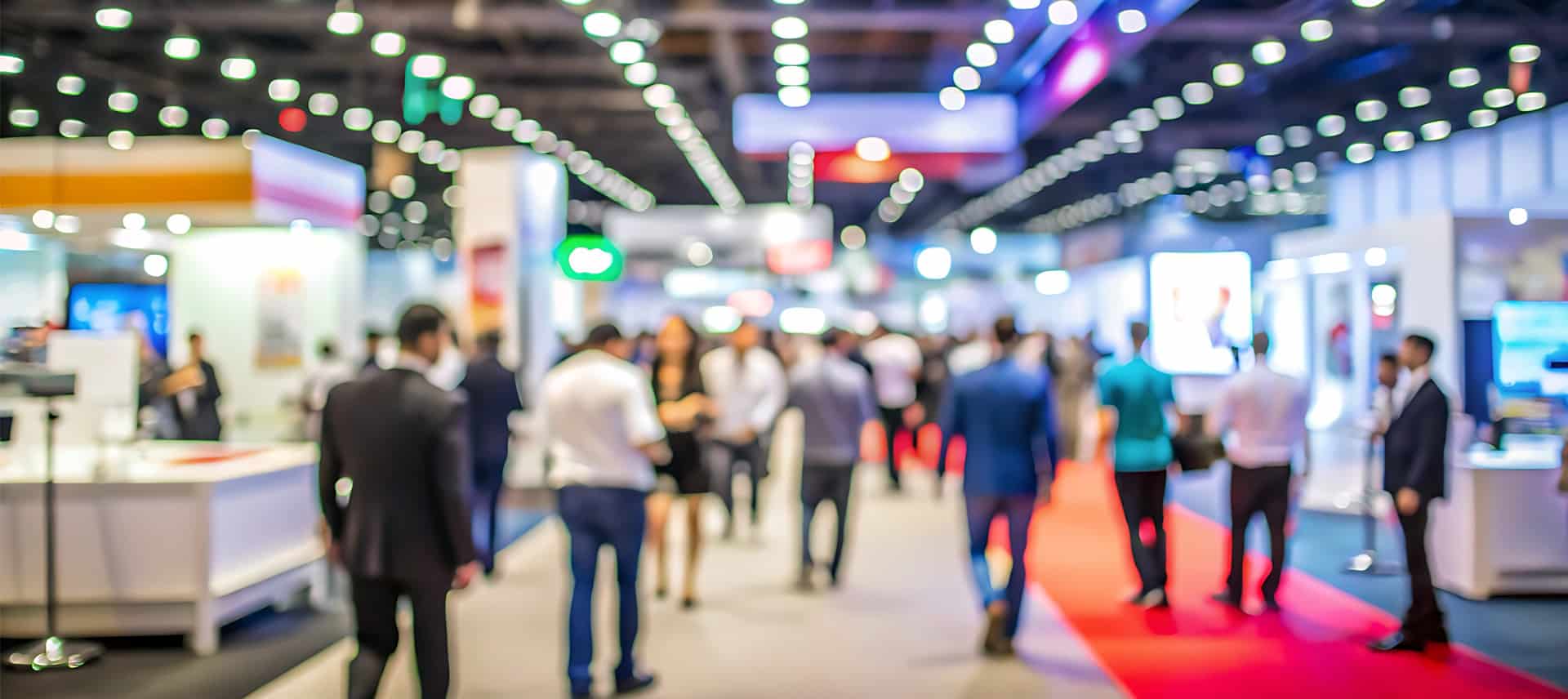 Trade show floor showing movement of people around the bright and colorful displays.