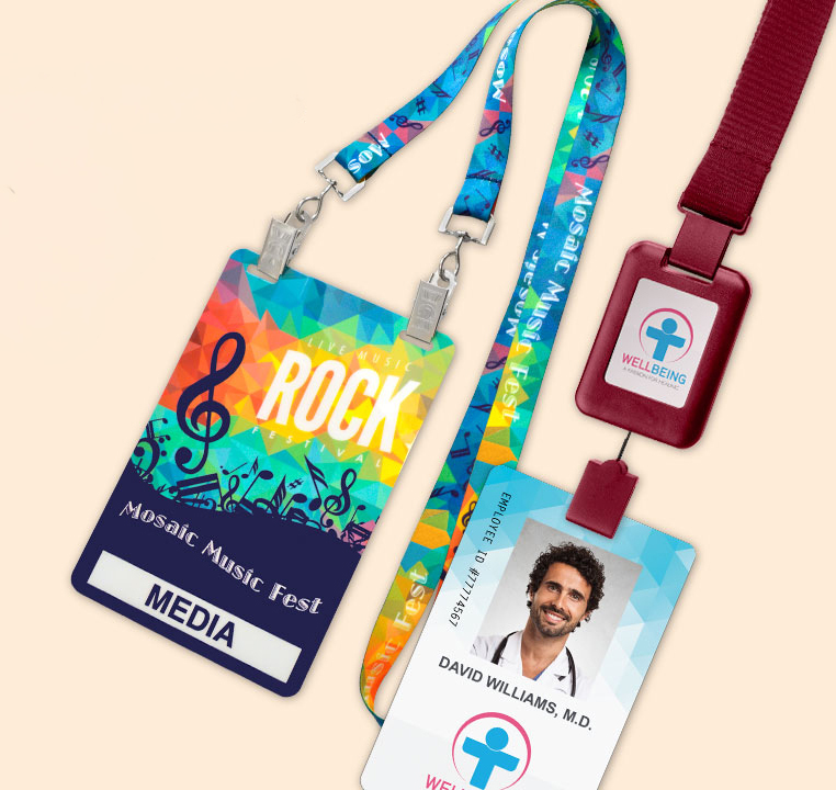 a colorful assortment of custom printed credentials showing capabilities of Maverick Printing in reno.