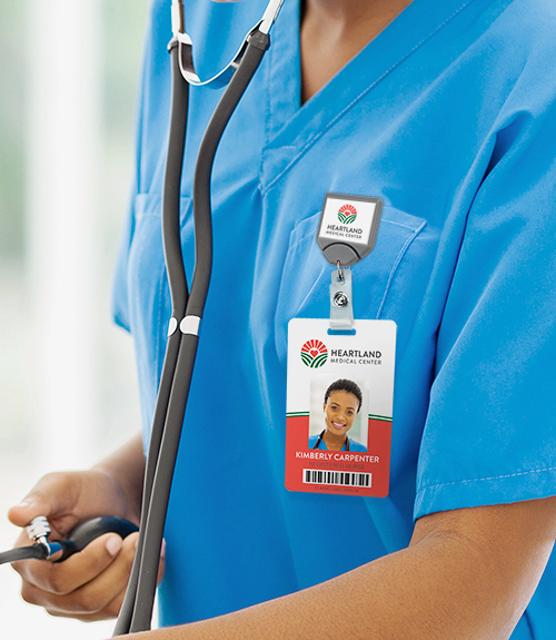 High frequency badge reel and credential won by a healthcare professional.